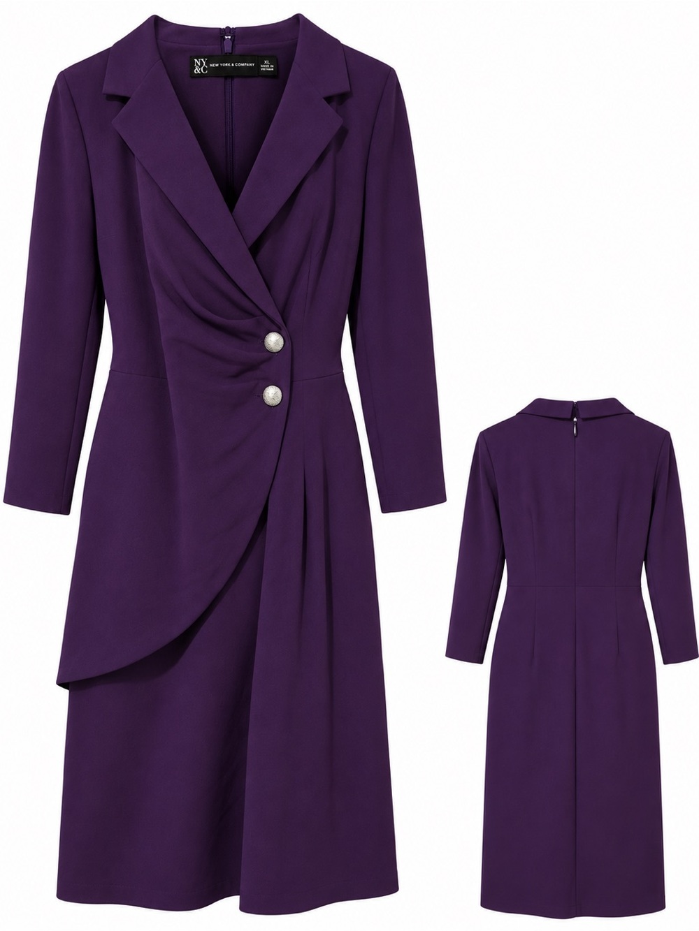 New York & Company Deep Purple Double-Button Wrap-Style Long Sleeve Dress
